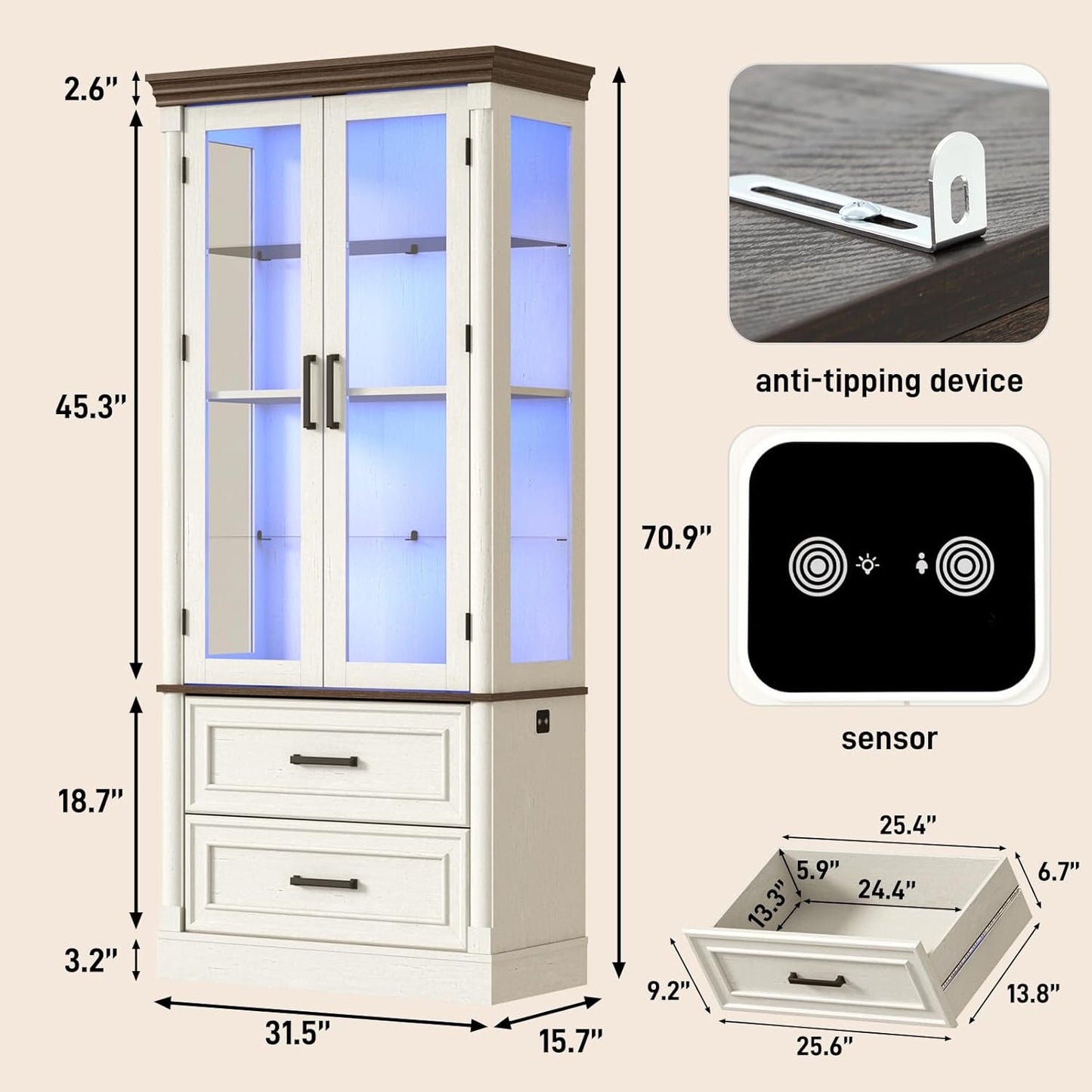St.Mandyu 71" Tall Display Cabinet with Glass Doors, 4-Tier Lighted Curio Cabinets with 2 Storage Drawers and Metal Handle for Living Room, Home, Kitchen, White