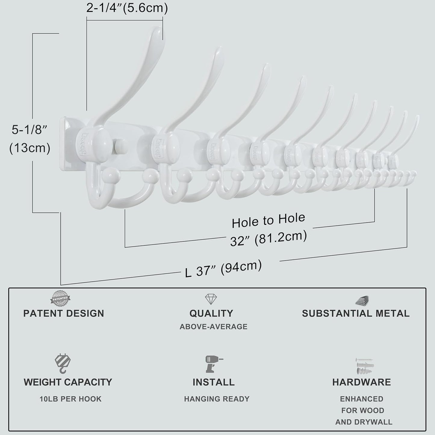 Dseap MaxStrong 2.0 Coat Rack Wall - 37” Long 10 Tri Hooks - Ultra Heavy-Duty Stainless Steel Wall Mount Coat Hanger, Hook Rail for Clothes Hats Jacket Towels White, Pack of 2