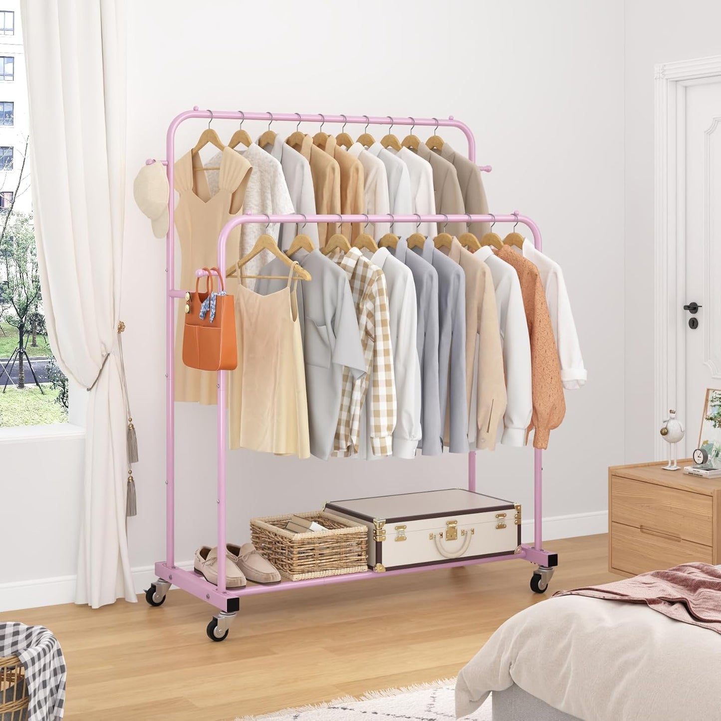 Laiensia Double Rods Garment Rack with Wheels, Clothing Rack for Hanging Clothes,4 Hooks, Multi-Functional Bedroom Clothes Rack, Pink