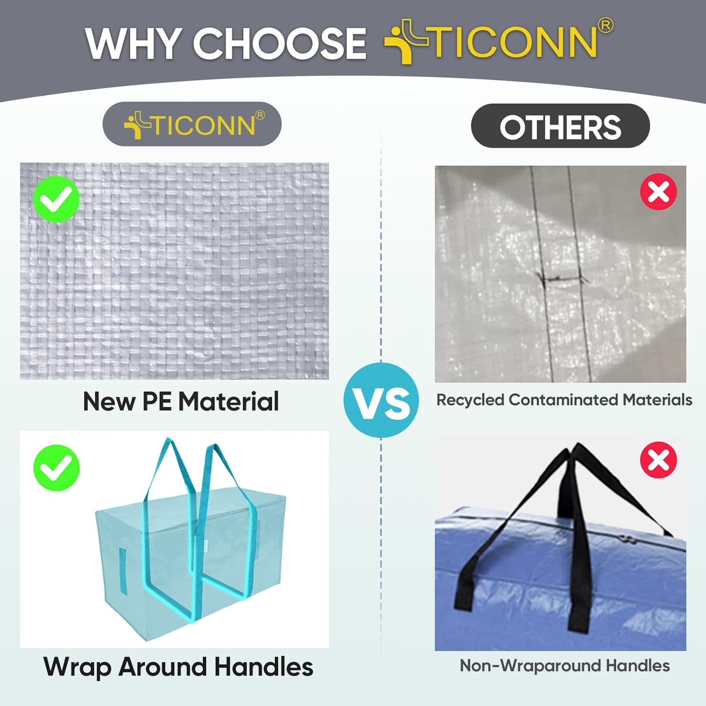 TICONN 2 Pack Extra Large Moving Bags with Zippers & Carrying Handles, Heavy-Duty Storage Tote Moving Boxes for Space Saving (2 Pack, Aqua)