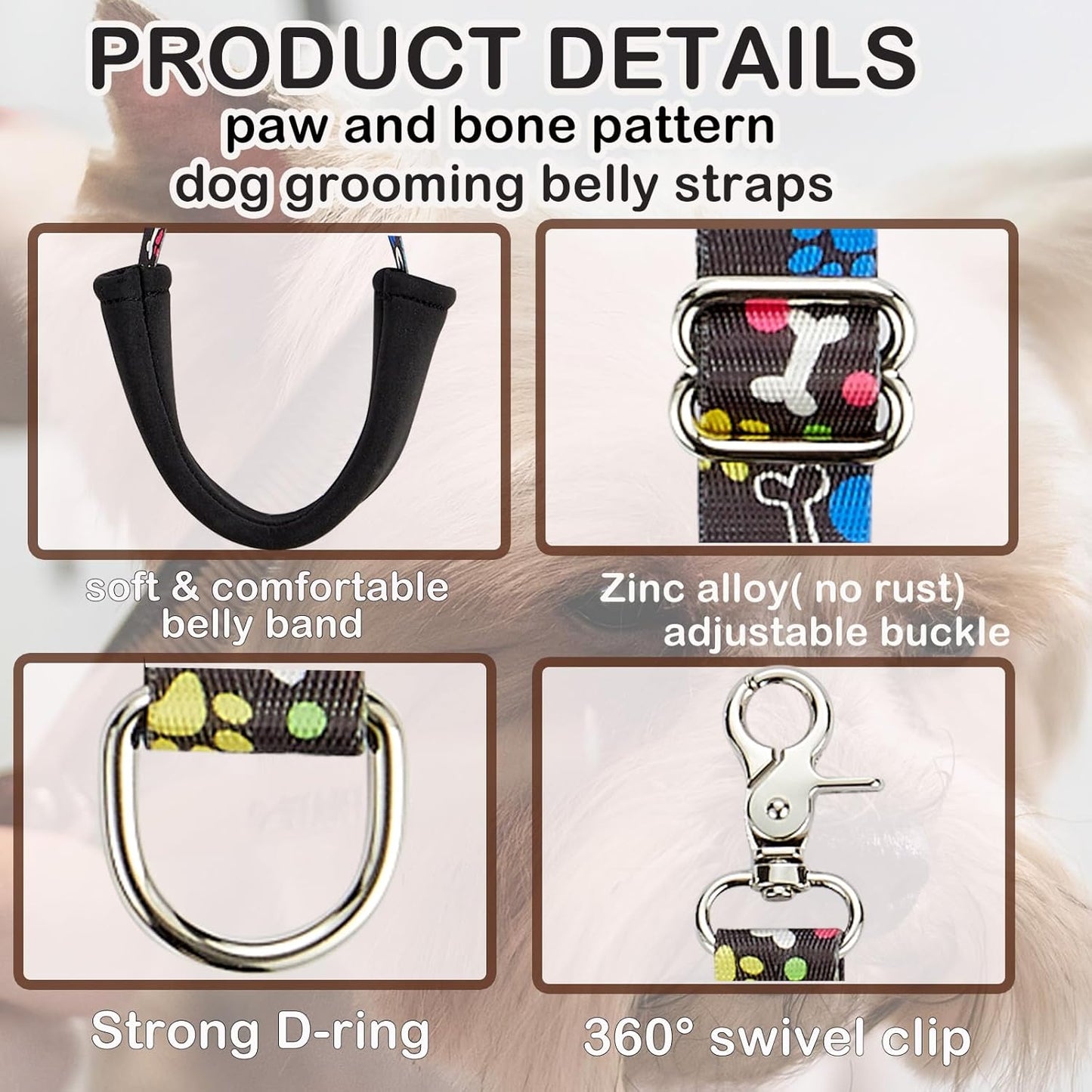 Dog Grooming Belly Straps – Adjustable Grooming Loops with Cute Paw & Bone Pattern Pet Grooming Belly Support Band Table Accessories for Small Medium Large Dogs(Pink)