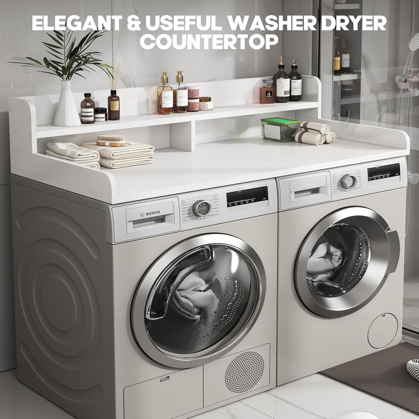 2-Tier Washer and Dryer Countertop with 2.75" H Guard,58" W x 28" D Laundry Countertop Cover with Non-Slip Pad,Large Space Laundry Topper for Folding Clothes Over Washer and Dryer-White