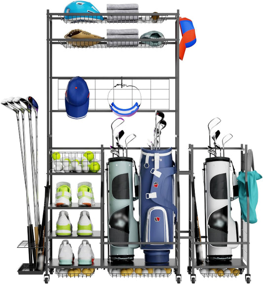 Golf Organizer for Garage, 3 Bag Golf Bag Holder Stand with Shelves & Club Rack, Multi-Functional Adjustable Golf Equipment Storage System