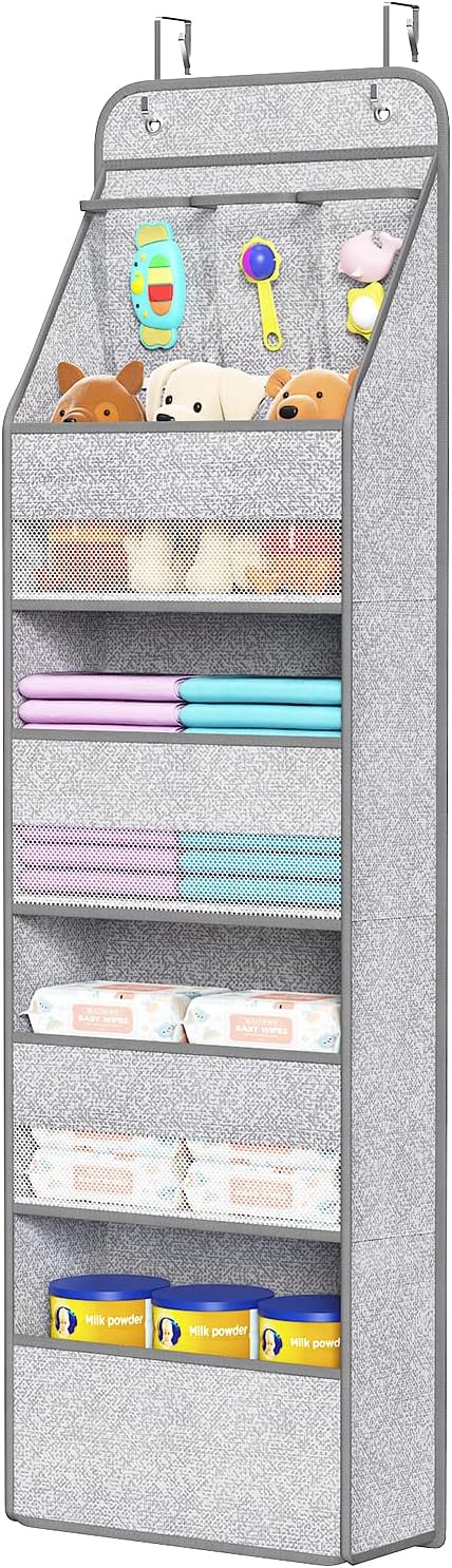 Univivi 5-Shelf Door Storage Over Door Hanging Organizer with 4 Large Pockets and 3 Small PVC Pockets Nursery Closet Cabinet Wall Mount Hanging Storage Organizers for Baby Nursery (Grey Pattern)