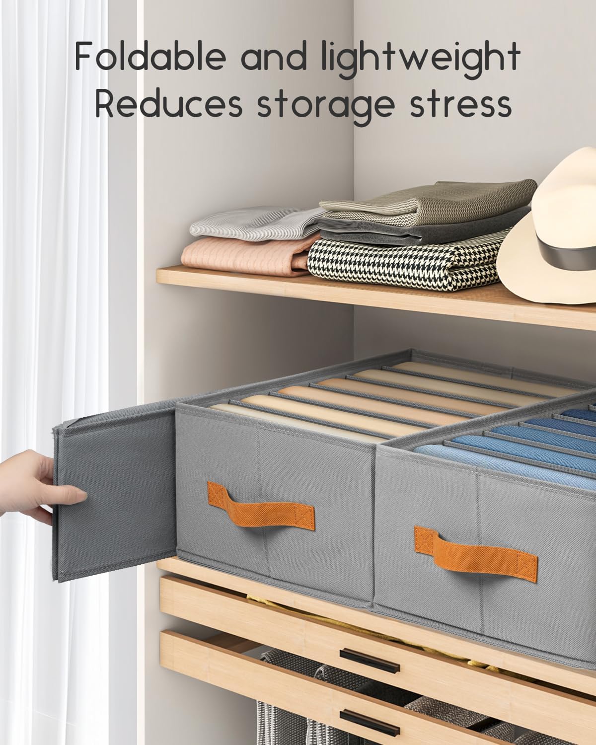 Closet Organizers and Storage - Fabric Clothes Organizer with Handles, Foldable Jeans Organizer for Clothes, Drawer Organizer for Shirts, Bra, Sweater, Scarf, 4 Pack, Grey