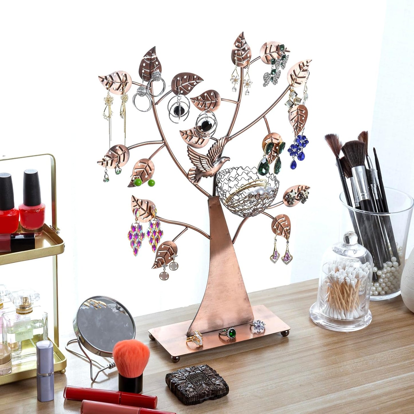 MyGift 14-Inch Modern Bronze Jewelry Organizer Tree with Bird Nest – Holds 48 Earrings, Necklace & Bracelet Stand, Metal Tabletop Display for Rings, Trinkets – Decorative Storage for Home Décor