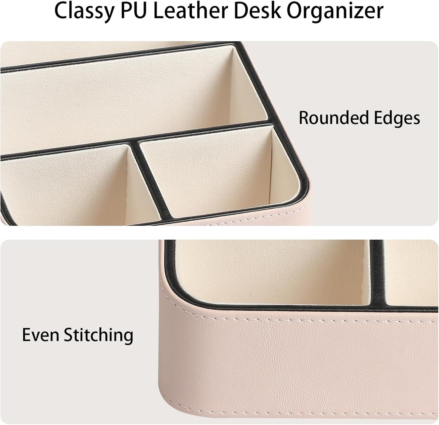 Remote Control Holder, PU Leather Small Desk Organizer with 4 Compartments, Nightstand Organizer Desk Caddy for Remote, Notepad, Phone, Glasses, and Accessories (Pink)