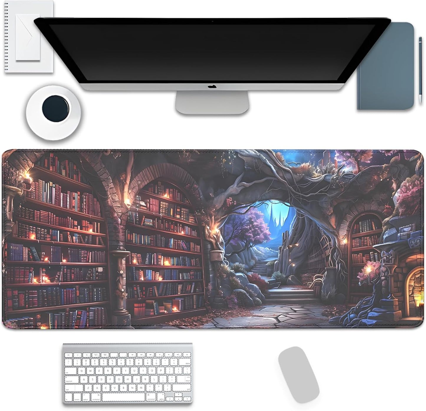 Magic Library Mouse Pad,Mysterious Collection of Books Mousepad Desk Pad with Stitched Edges,Non-Slip Waterproof Rubber Base Mouse Mat Desk Mat for Office Computer Keyboard Laptop Home(27.5x11.8 in)
