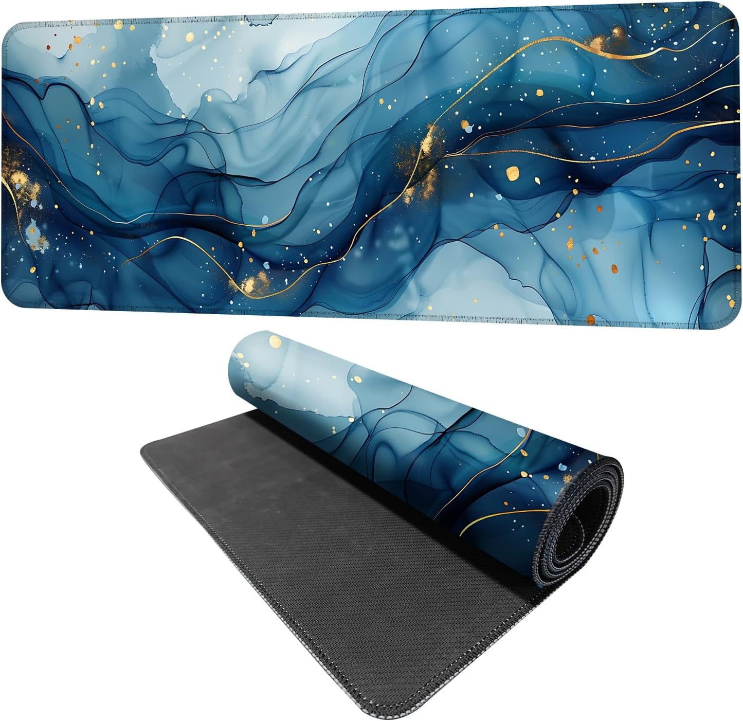 Marble Mouse Pad XXL – Large Blue Gold Marble Texture Desk Mat, Extended Non-Slip Mousepad for Office, Home, Workstation, Elegant Aesthetic Decor,31.5 x 11.8 in