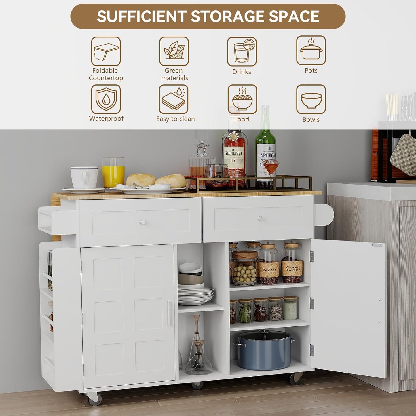YOURLITE Kitchen Islands with Wheels, 45" Kitchen Island with Drop Leaf, Home Bar Table with Spice Rack & with Trash Cabinet, Rolling Island Table for Dining Room with Power Outlet, White