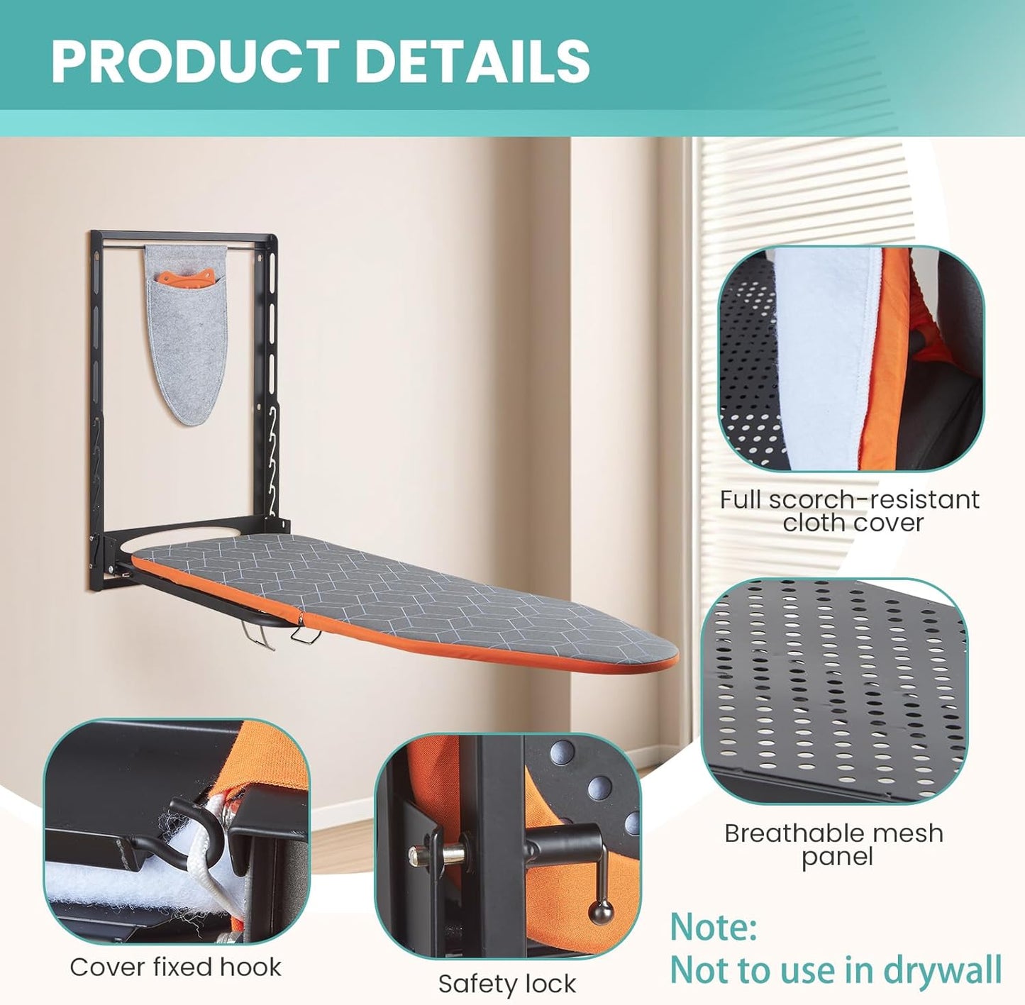 Wall Mounted Ironing Board with Iron Holder, 42 X 14 Compact Mount Foldable Ironing Board for Small Spaces, Space Saving with Cotton Fabric Cover and Silicone Iron Rest