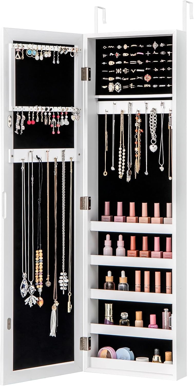 Giantex Jewelry Armoire with Full Length Mirror, Wall and Door Mounted Jewelry Cabinet Organizer with Magnetic Door, Large Storage for Earrings, Rings, Necklaces & Accessories, White