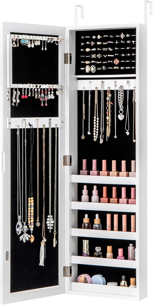 Giantex Jewelry Armoire with Full Length Mirror, Wall and Door Mounted Jewelry Cabinet Organizer with Magnetic Door, Large Storage for Earrings, Rings, Necklaces & Accessories, White