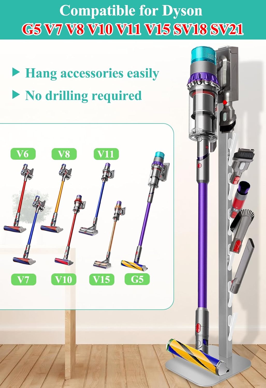 Haturi Vacuum Stand Compatible with Dyson G5 V15 V12 V11 V10 V8 V7 V6, Hidden Power Cord Standing Dock Holder, Metal Docking Station for Dyson Handheld Cordless Vacuum Cleaner & Accessory & Attachment