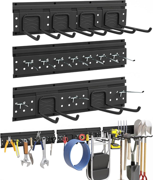 48 Inch Garage Storage Rack, Heavy Duty Wall Mount Organizer with 3 Metal Track Rails and 16 Hooks, Compatible with Pegboard and Slatwall, Black