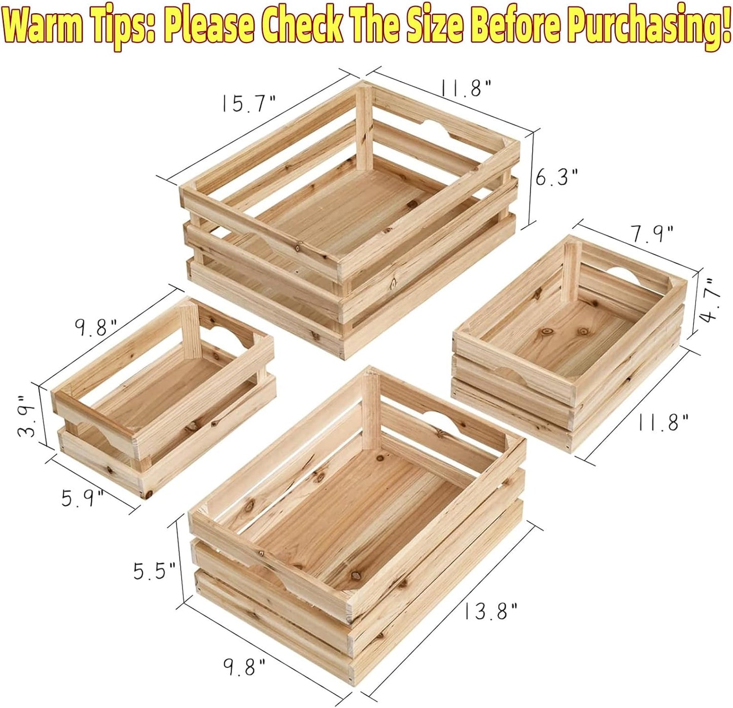 Set of 4 Large Wooden Crates Unfinished Office Storage Crates, Decorative Wood Storage Crates for Display, Rustic Pine Wood Organizer Bin Basket for Kitchen Pantry Bathroom