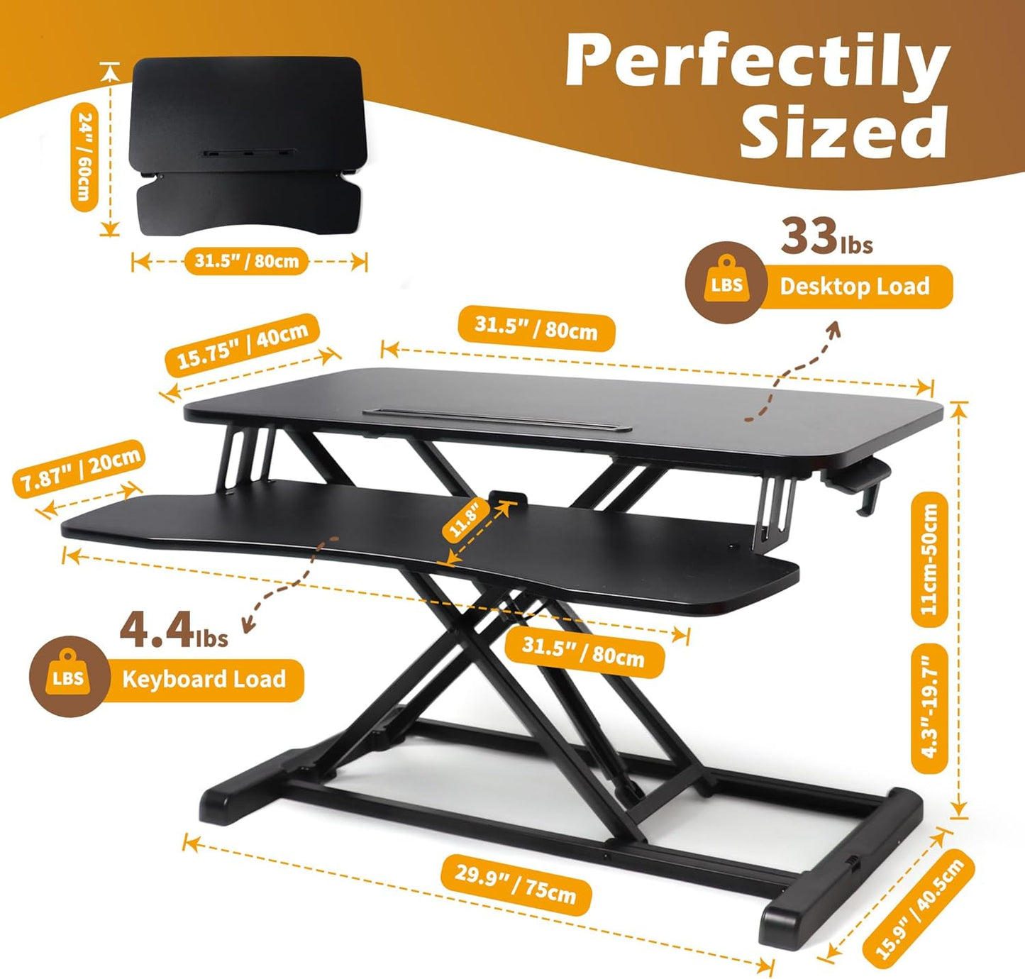 32 inch Standing Desk Converter, Height Adjustable Sit Stand Riser for Home Office,Stand Up Desk Riser, Quick Sit to Stand Tabletop with Keyboard Tray，Black