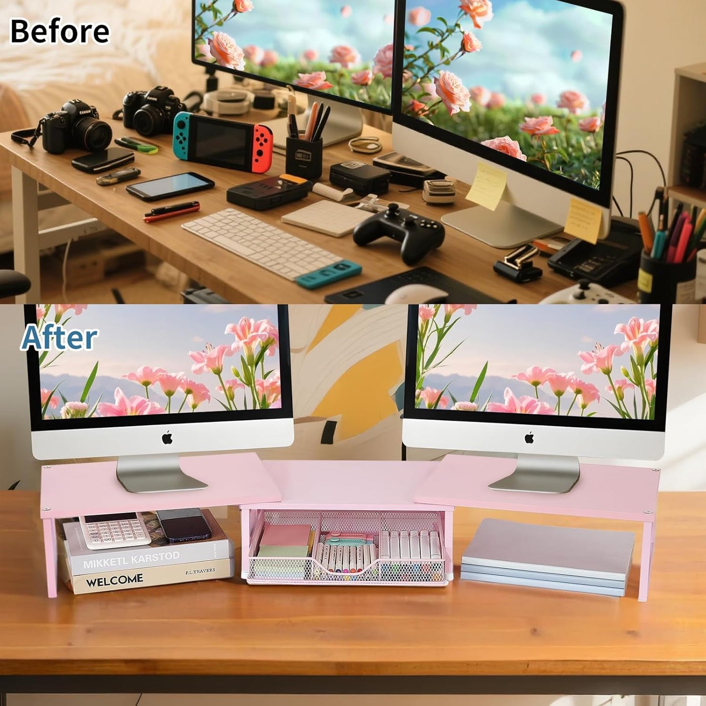 OPNICE Dual Monitor Stand Riser, Desk Organizer with Drawer, Office Desk Organizers and Accessories, Office Workspace Organization Computer Monitor Stand for Laptop, Printer, TV（Pink）
