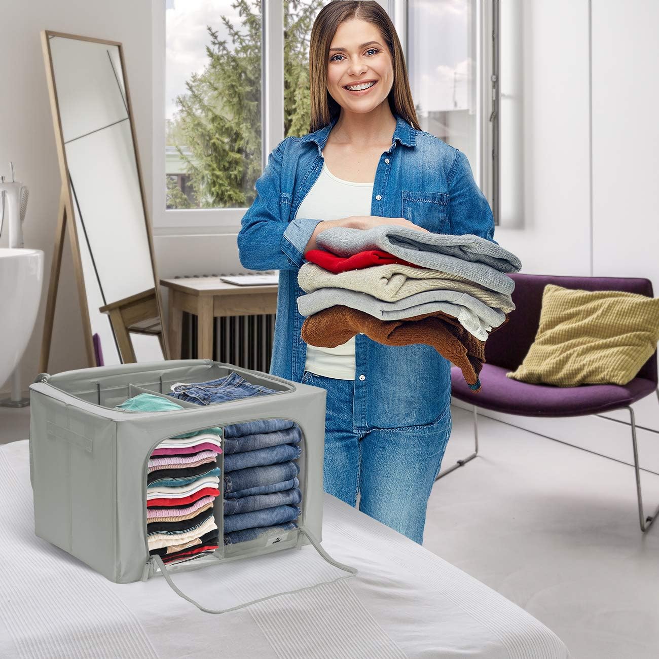 Sorbus Storage Bins with Divided Interior - Large Stackable & Foldable Organizer Containers with Metal Frame, Oxford Fabric, Large Window & Carry Handles - Organization for Bedroom, Linens & Clothes