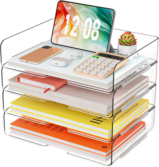 YKLSLH 4 Trays Paper Organizer Letter Tray - Acrylic Desk File Organizer, Stackable Clear Paper Holder Sorter Office Organizer for Letter/A4, Office File Ipad Books Notes Etc
