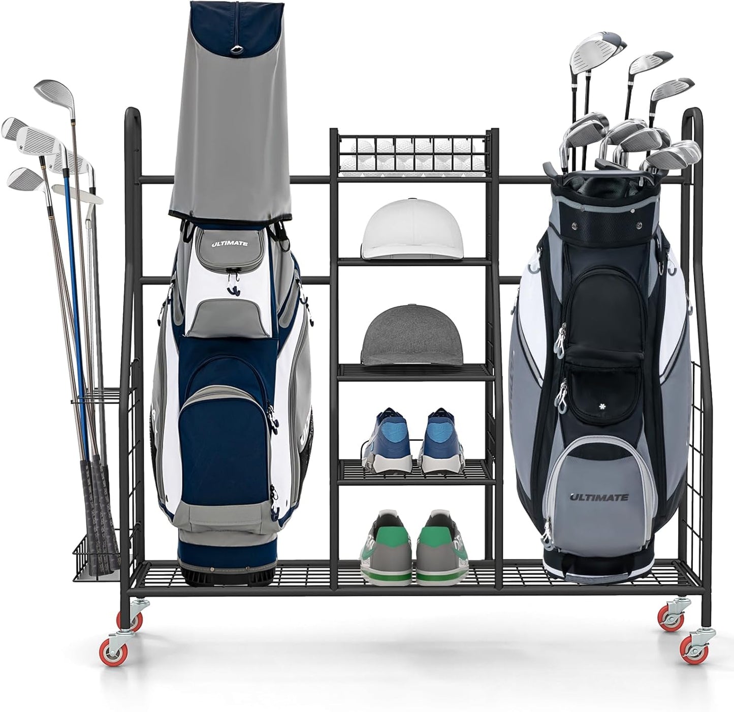 GYMAX Golf Bag Organizer, Golf Storage Garage Organizer with Lockable Wheels & Golf Club Side Pockets, Extra Large Golfing Equipment Rack for Golf Accessories Garage Organizer
