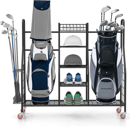 GYMAX Golf Bag Organizer, Golf Storage Garage Organizer with Lockable Wheels & Golf Club Side Pockets, Extra Large Golfing Equipment Rack for Golf Accessories Garage Organizer