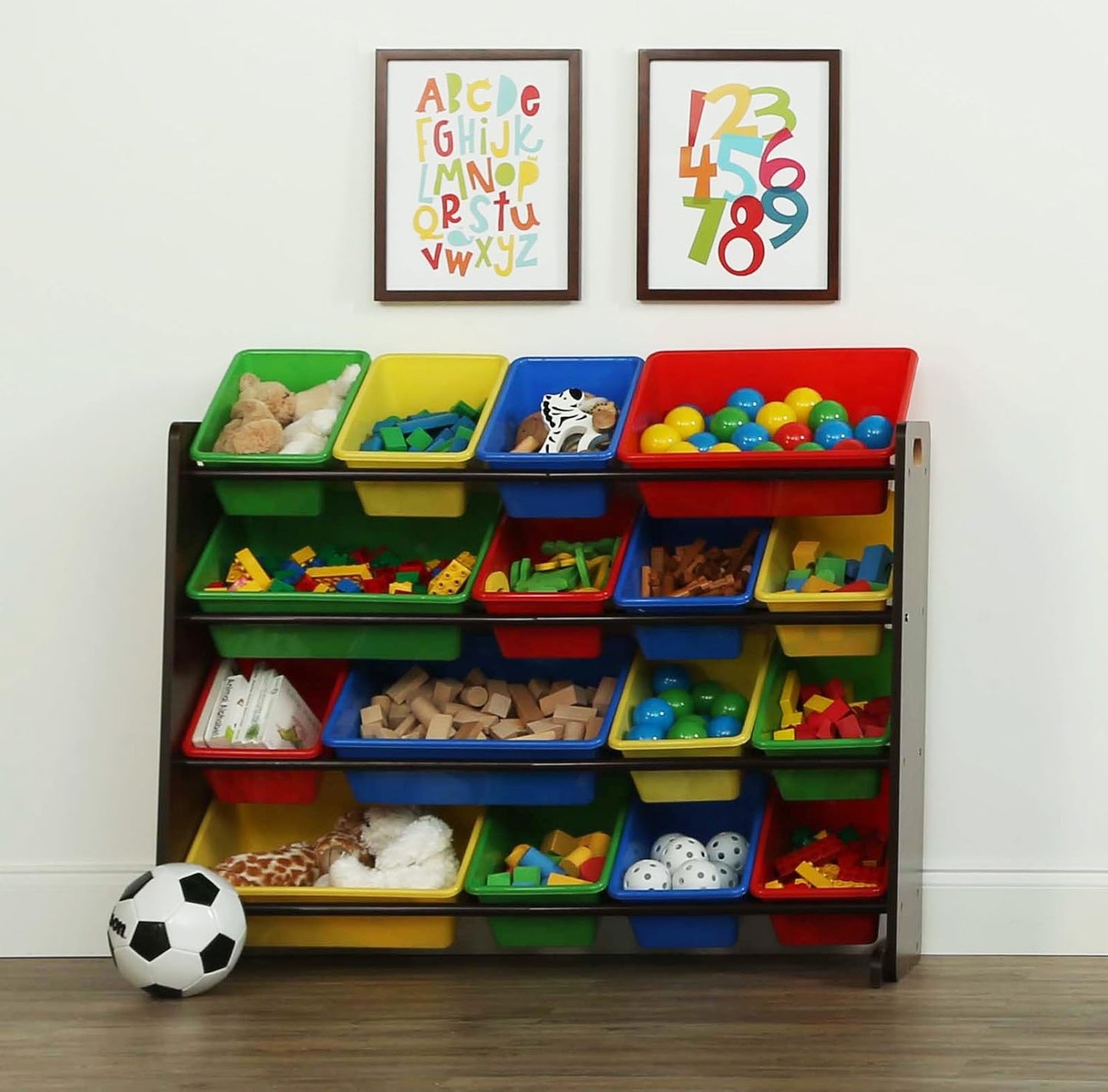 Humble Crew Supersized Toy Storage Organizer with 16 Removable Bins, Walnut/Primary – Large Toy Storage for Toddlers Ideal for Kids' Rooms, Playrooms, and Nurseries - Modern Toy Bins for Kids