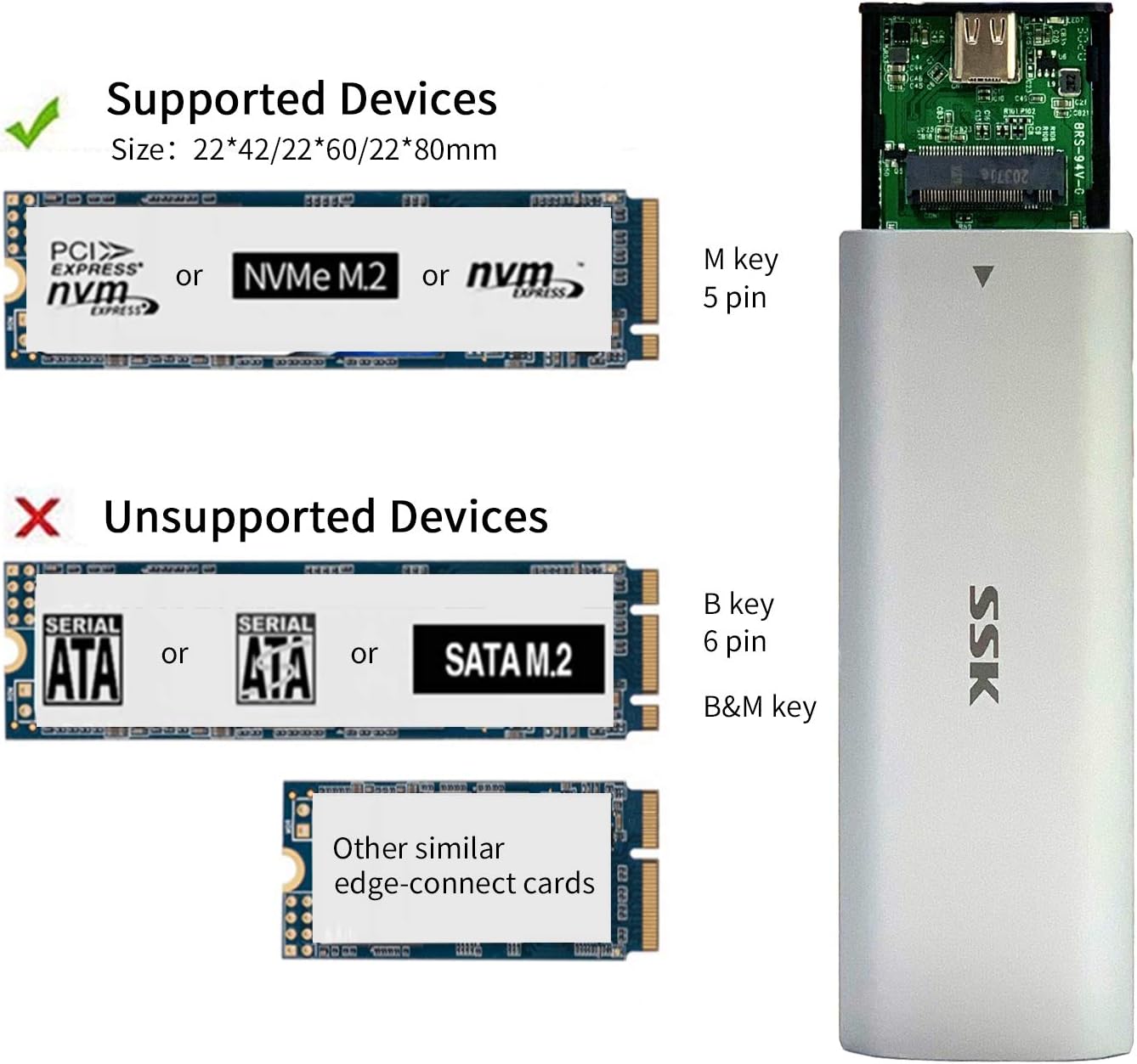 SSK M.2 NVMe Enclosure, Tool-Free SSD Enclosure Adapter, USB C 3.2 Gen 2 10Gbps PCIe MKey External Solid State Drive Case, Support UASP Trim for 2230/2242/2260/2280 (SATA NOT Supported)