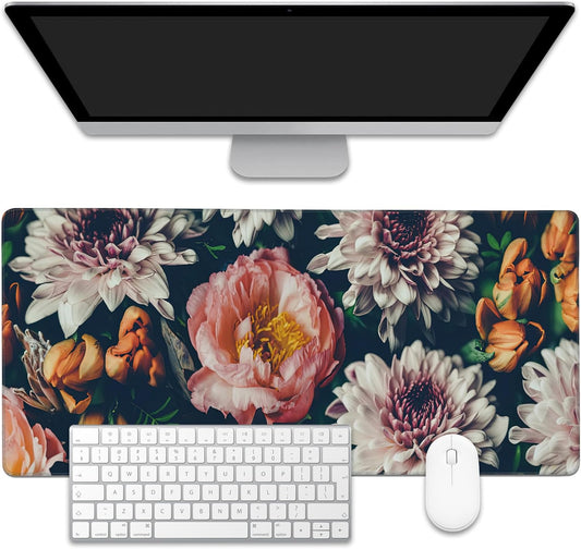 Vintage Beautiful Flowers Desk Mat,Large Gaming Mouse Pad,Non-Slip Rubber Base Desk Pad with Stitched Edges for Desk Office Home Decor 35.4X15.7 Inch