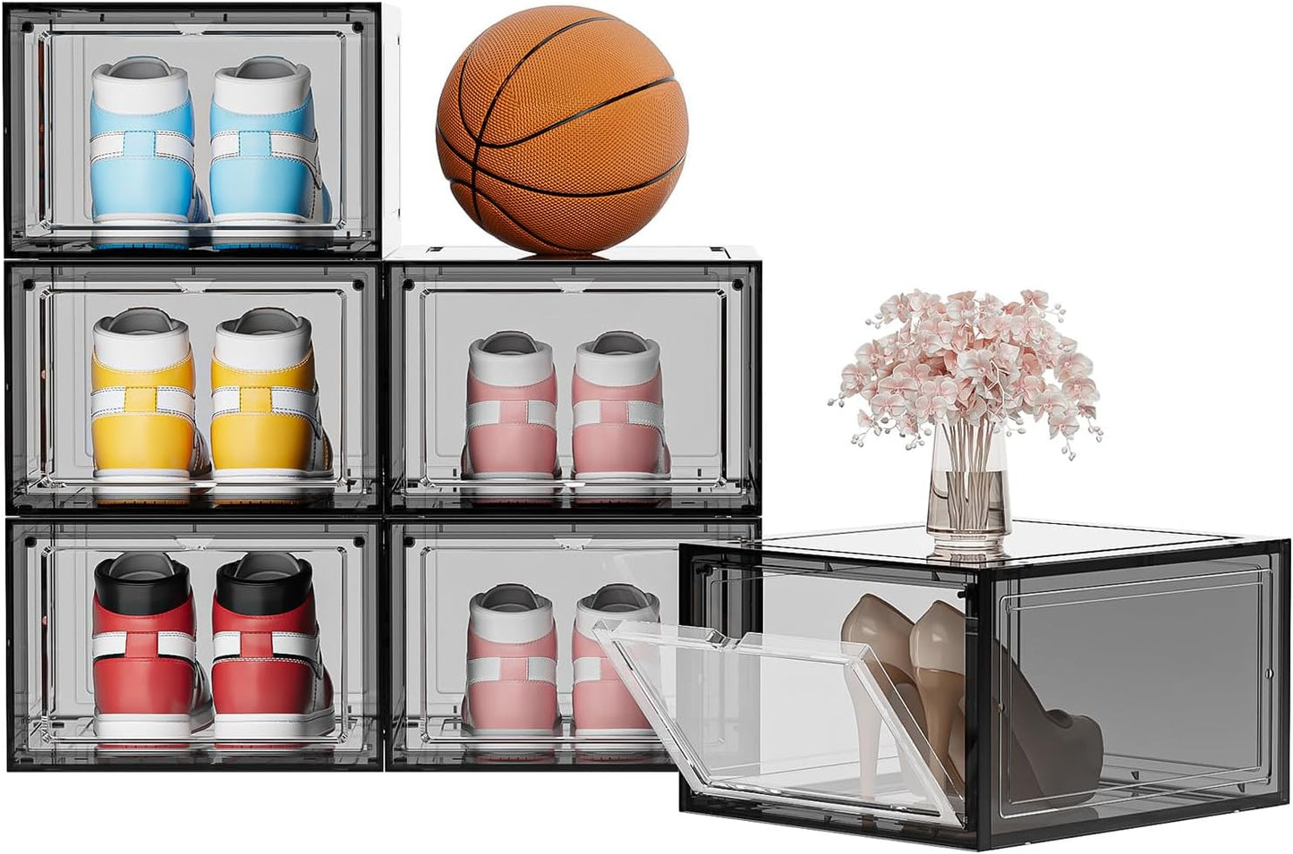 Shoe Storage Boxes Organizers Clear Acrylic Stackable 6 Pack, Shoe Rack & Holder Substitute, Sneaker Containers, Toy Storage Organizer Bins for Entryway, Closet, Under Bed (Black, L)
