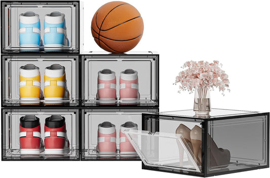 Shoe Storage Boxes Organizers Clear Acrylic Stackable 6 Pack, Shoe Rack & Holder Substitute, Sneaker Containers, Toy Storage Organizer Bins for Entryway, Closet, Under Bed (Black, L)