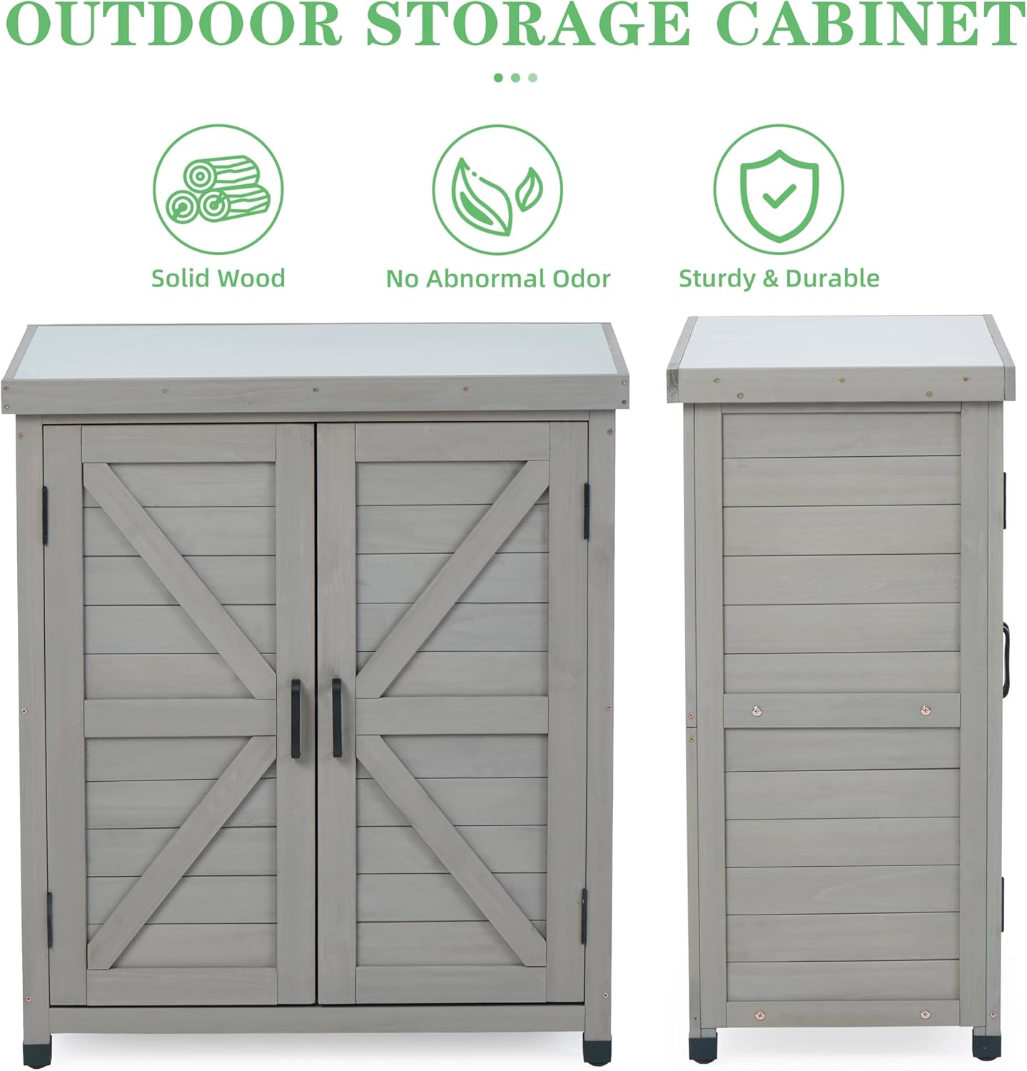 Outdoor Potting Bench with Storage Cabinet and Metal Top, Wood Workstation for Outdoor Patio, Garden (Dark Grey, 31x17x36‘’)