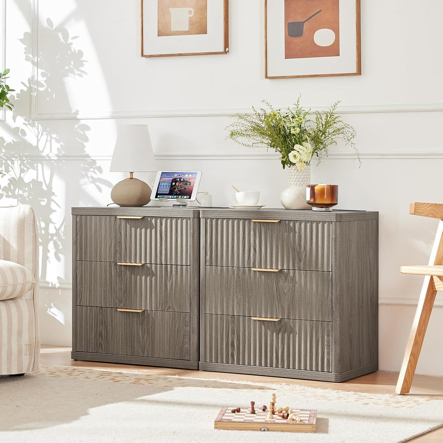 LEYAOYAO 23" Wide Fluted Night Stand with Charging Station,3 Drawers Large End Table with Storage,Grey Nightstand Wood Bedside Tables, Farmhouse Cabinet Dresser for Bedroom,Closet
