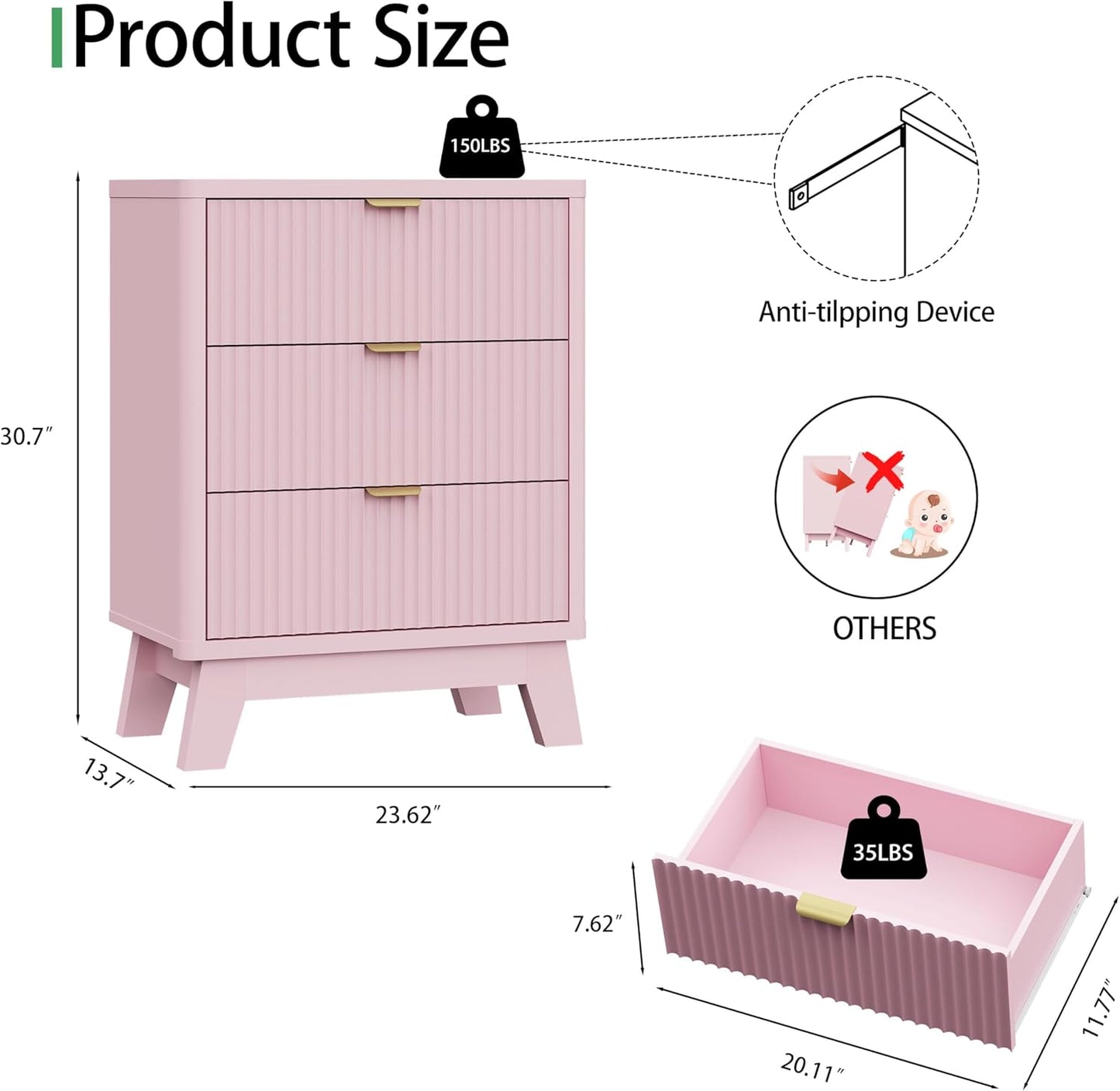 Fluted Nightstand with 3 Storage Drawers, 24" Wide Wood Bedside Table with Mental Handle, Mid Century Modern Wooden Side Table Night Stand, Curved End Table for Bedroom, Living Room, Pink