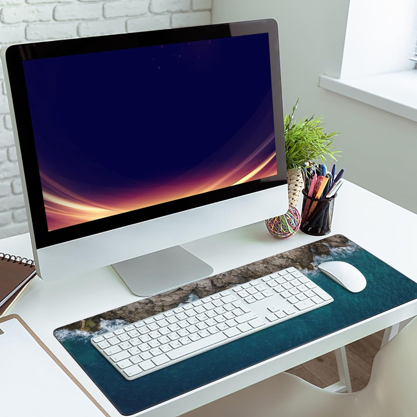 Desk Mat,Sea Waves and Fantastic Coast Gaming Mouse Pad,XXL Extended Mouse Pad Mat for Office,Computer,Keyboard with Non-Slip Base Stitched Eges Mousepad 35.4x15.75 inch