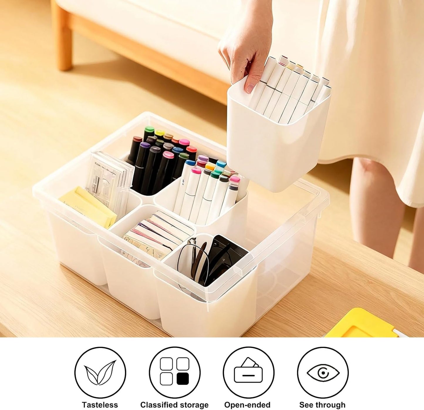 loobuu Plastic Storage Bins with Lids, Art Craft Supply Organizer Box with Brush Pot, Multipurpose Stackable Storage Containers for Organizing Tool, Craft, Crayon,Sewing(Yellow)