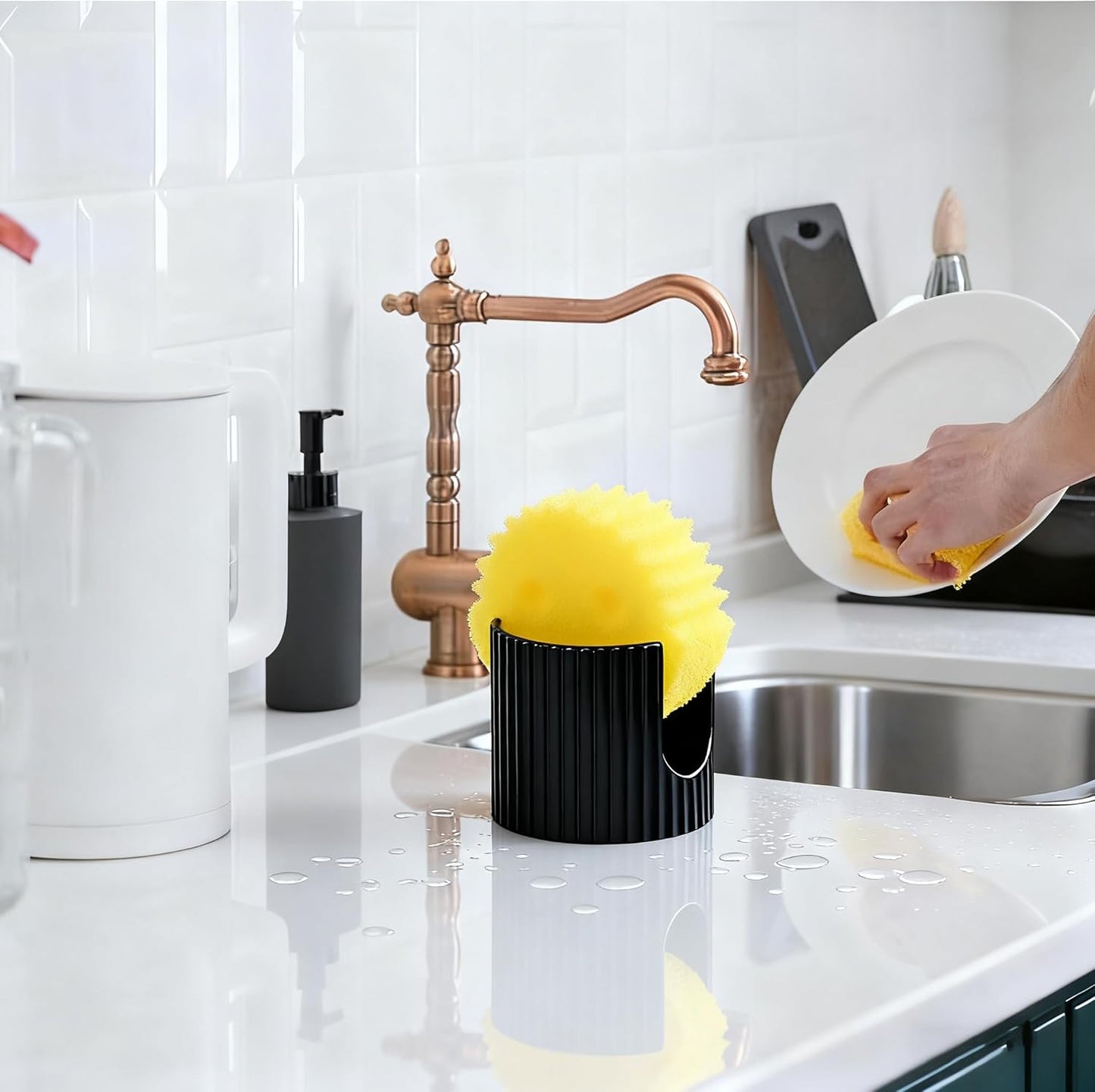 Ceramic Sponge Holder for Kitchen Sink - Dishwasher Safe Porcelain Dish Sponge Caddy Minimalist Vertical Stripes, Scrub Daddy Drying Rack for Countertop, Bathroom, Kitchen Sink Organizer, Black