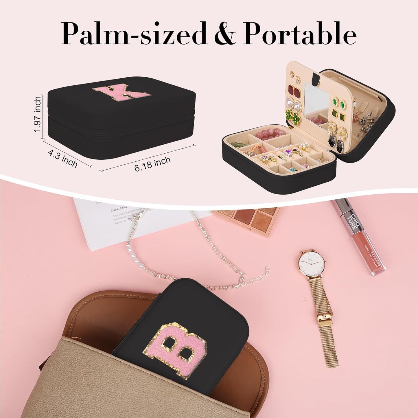 TopPerfekt Travel Jewelry Case, Jewelry Box with Mirror, Jewelry Organizer Bridal Shower Gifts to Her, Earring Storage Travel Case, Trendy Gift for Women and Girls, Girlfriend-Letter B, Black