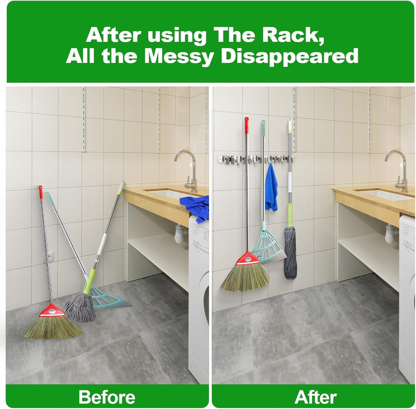 voze [2 Pack] 5 Racks and 4 Hooks Mop and Broom Holder Wall Mount, Self Adhesive Heavy Duty Broom Organizer Storage Tool Racks for Kitchen Garden Laundry Garage, Silver