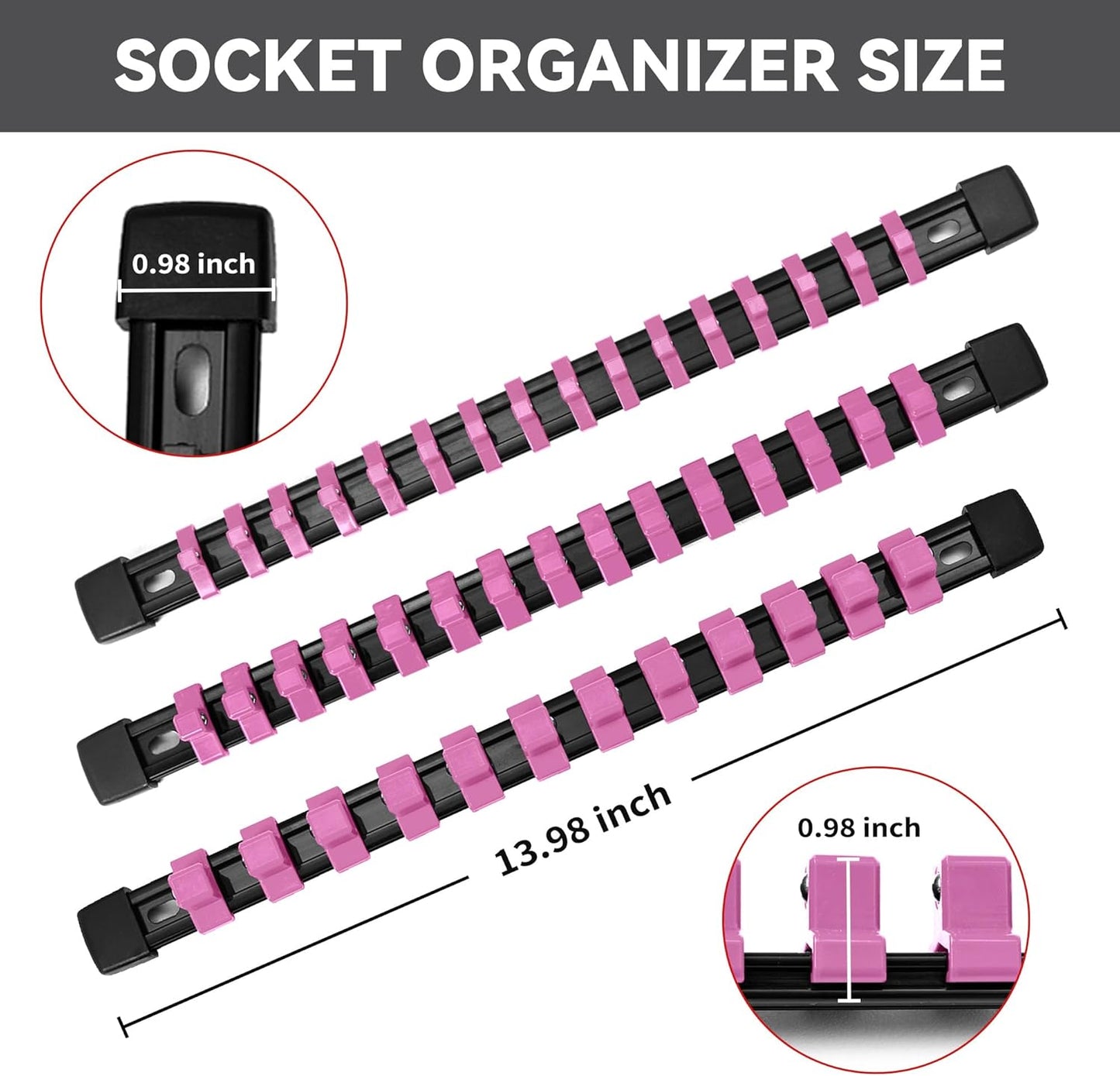Socket Organizer Drive ABS Tools - Pink Socket Holder, Premium Quality 12 Pieces Socket Holders Kit 1/4-Inch x 64 Clips, 3/8-Inch x 60 Clips, 1/2-Inch x 48 Clips（12PC,Pink)