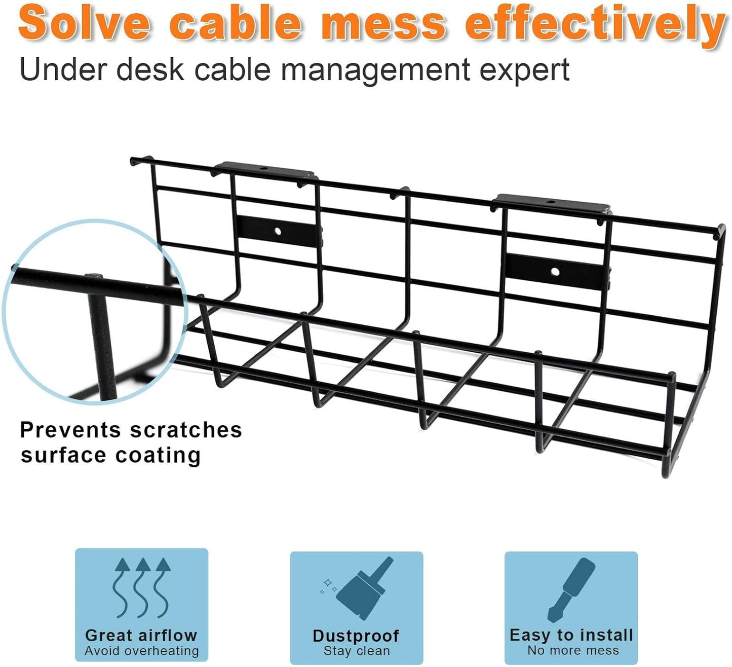 Under Desk Cable Management- 6 Pack Cord Organizer. Metal Wire Cable Management Tray for Office, Studio and Home. Super Sturdy Under Table Cable Managements - Black Cable Organizer