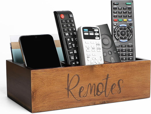 Acacia Wood Remote Control Holder Caddy, TV Organizer for Table, Vintage Farmhouse Desk Caddy (Brown-for 6+ Controls)