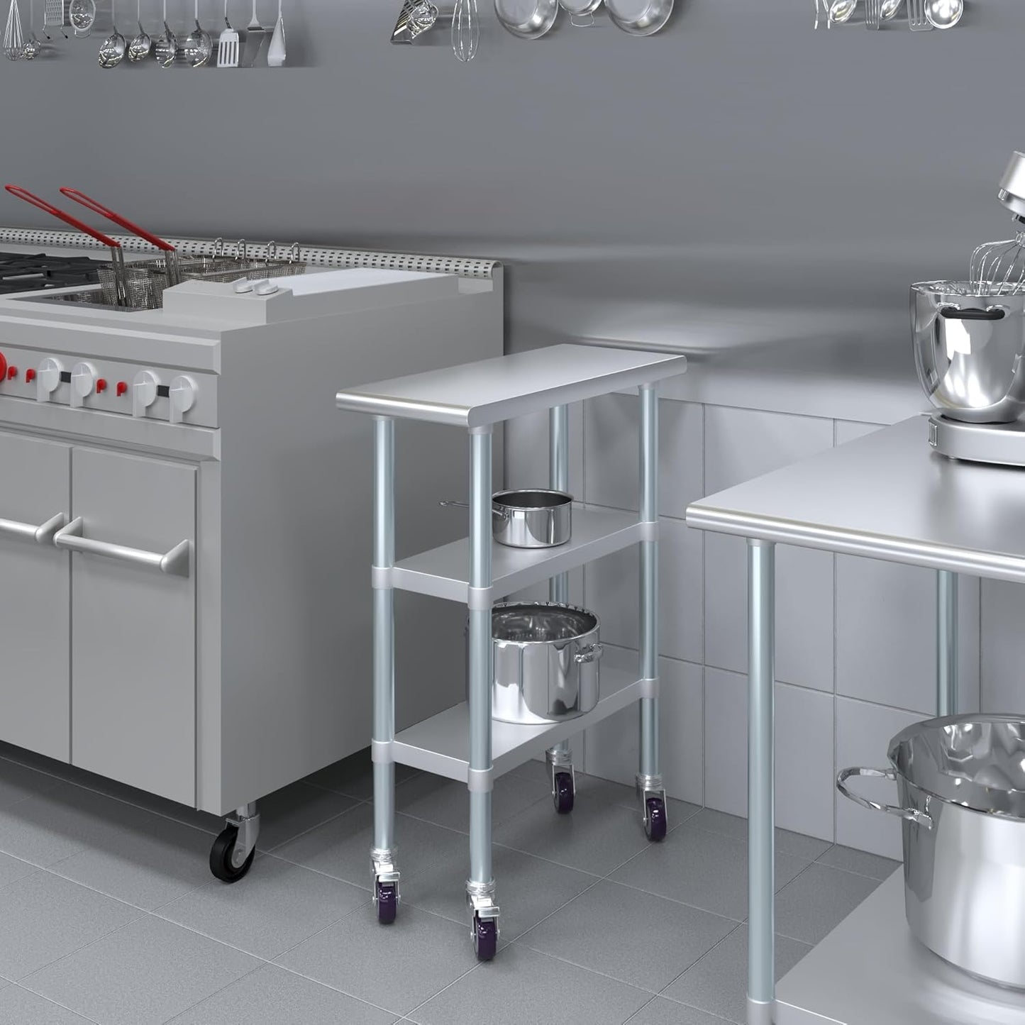 AmGood Stainless Steel Work Table with 2 Shelves and Casters | Metal Utility Table On Wheels (Stainless Steel Work Table with 2 Shelves + Casters, 12" Long x 30" Deep)
