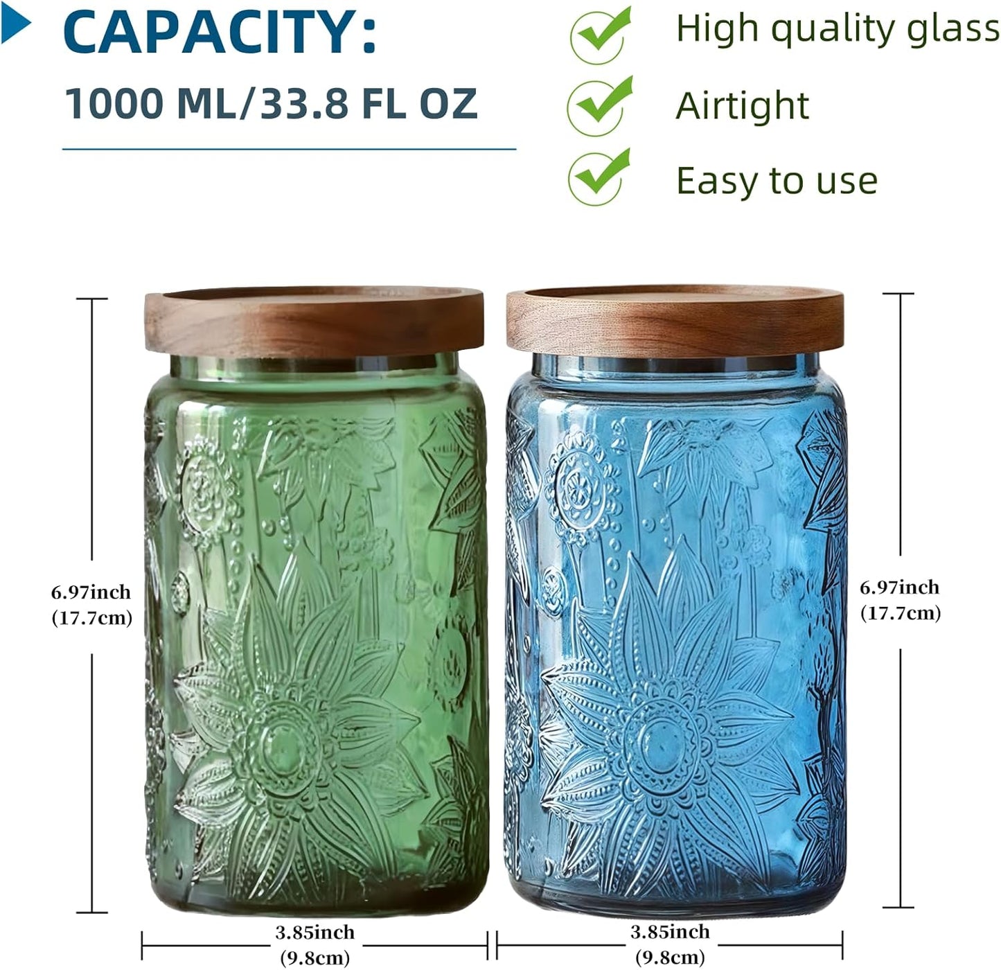 ANSQU Vintage Glass Storage Jar with Lid - 34 oz Mason Jar for Kitchen & Bathroom - Containers for Coffee, Tea, Cookies, Candy, Nuts, Pet Food, Bath Salts - Decorative Pantry Organizer (Blue & Green)