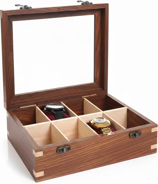 Wooden Watch Box for Men & Women, Watch Organizer & Display Case, Premium Long-Lasting Watch Holder for Storage, Elegant Gift for Watch Collectors (Glass Top, 8 Slots)
