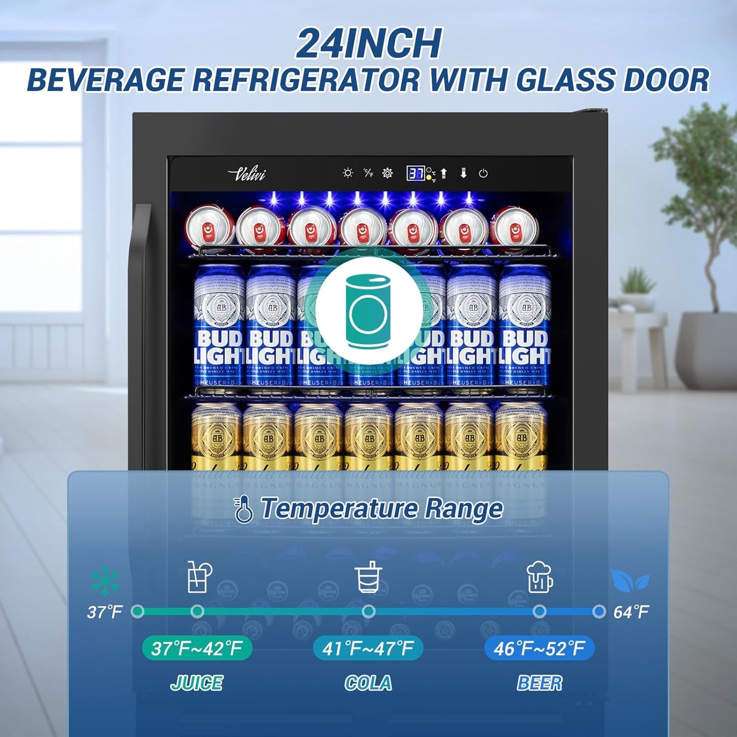 24" Black Beverage Refrigerator Cooler: 24Inch Built-In Under Counter Fridge for Soda, Beer, Drink | 168Cans Large Capacity - Perfect for Kitchen, Bar, or Office