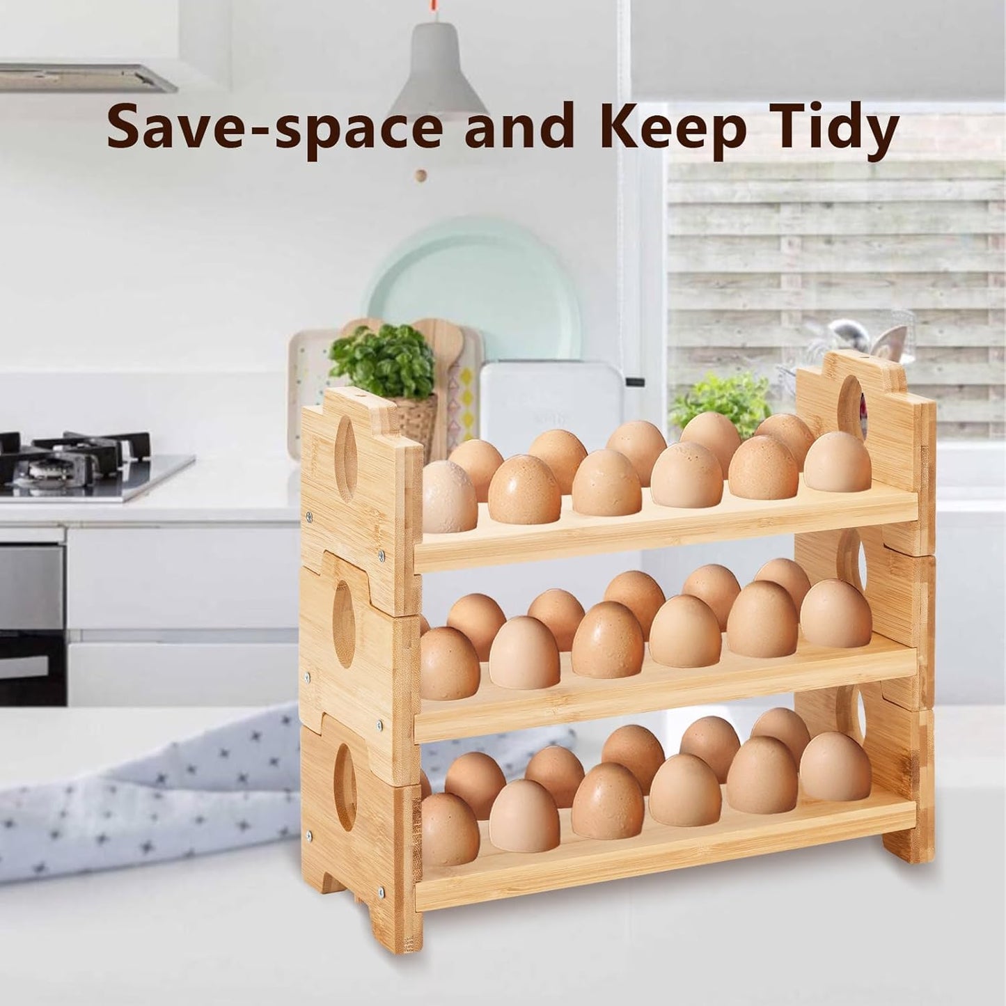 3-Tier Wooden Egg Holder - Egg Basket For Gathering Fresh Eggs, Layer Egg Tray Holder Countertop For 12 Eggs,Tier Egg Organizer For Farmhouse Kitchen Refrigerator Fits Duck, Turkey, Chicken Eggs