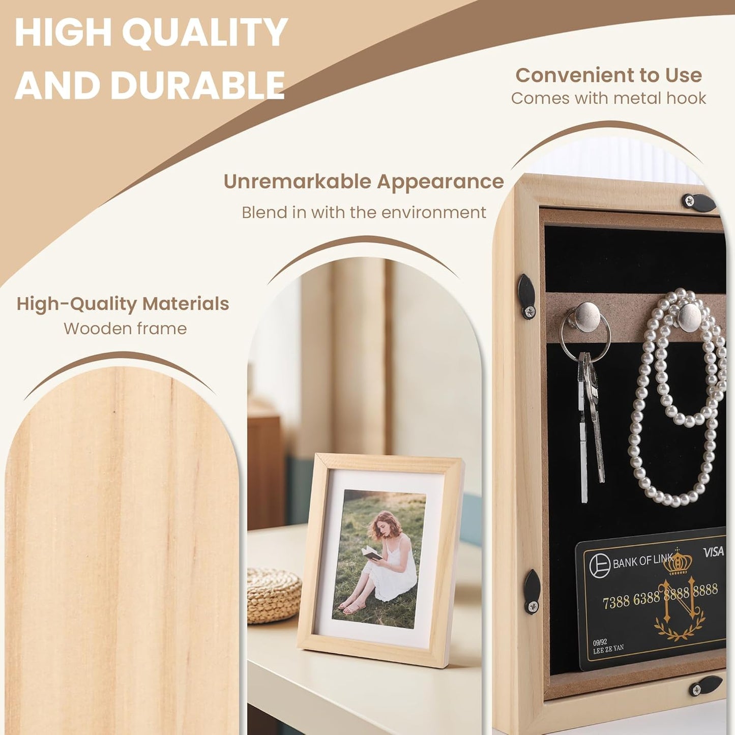 Diversion Safe 6.5"x8.5" Picture Frame Safe with Secret Compartment for Valuables, Hidden Storage Picture Frame with Hooks, Wall-Mounted Secret Storage Box for Bedrooms, Living Rooms, and Offices