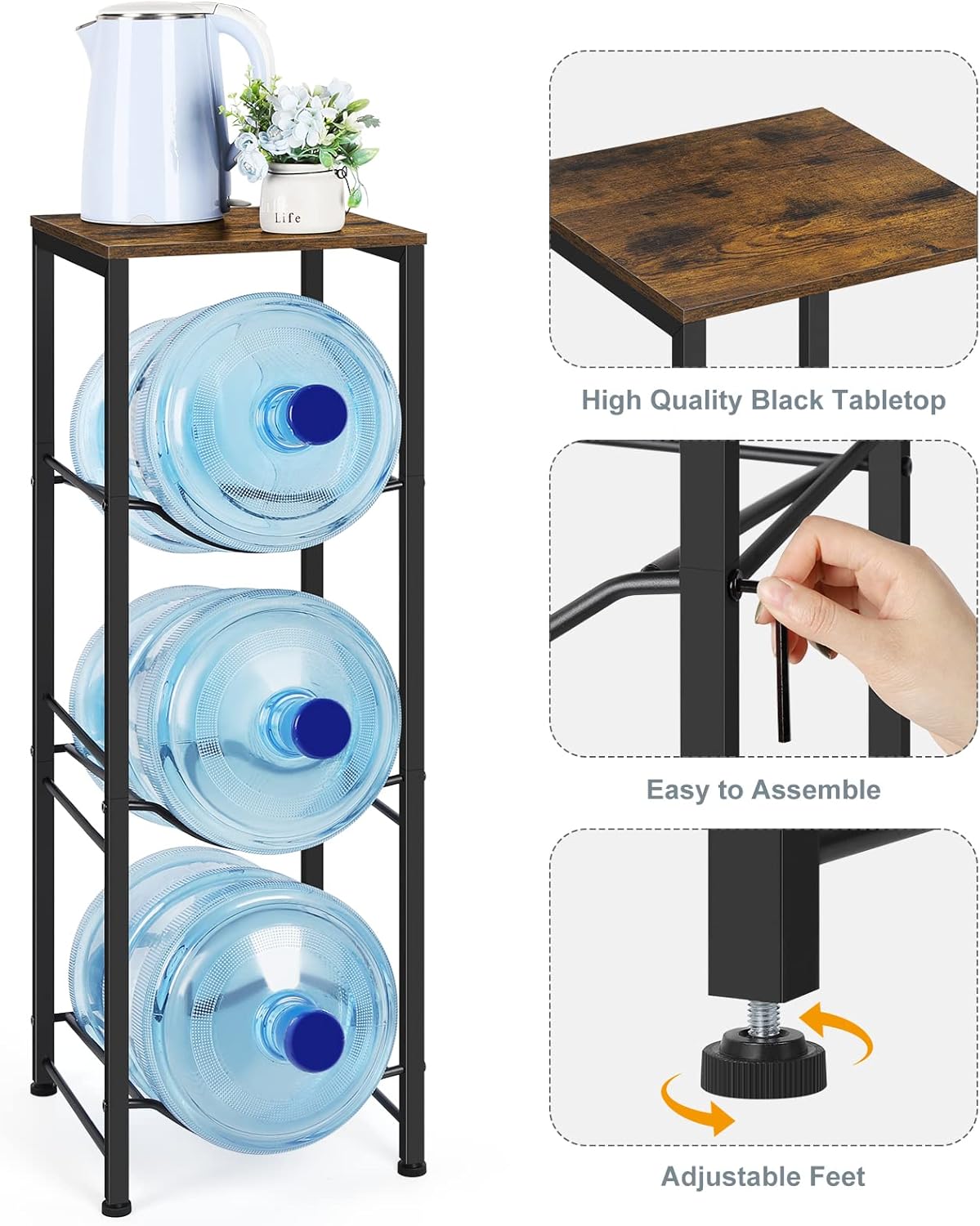 5 Gallon Water Jug Holder 3-Tiers Water Dispenser Stand Rack, Water Bottle Organizer with Storage Shelves for Kitchen Living Room Office, Rustic Brown