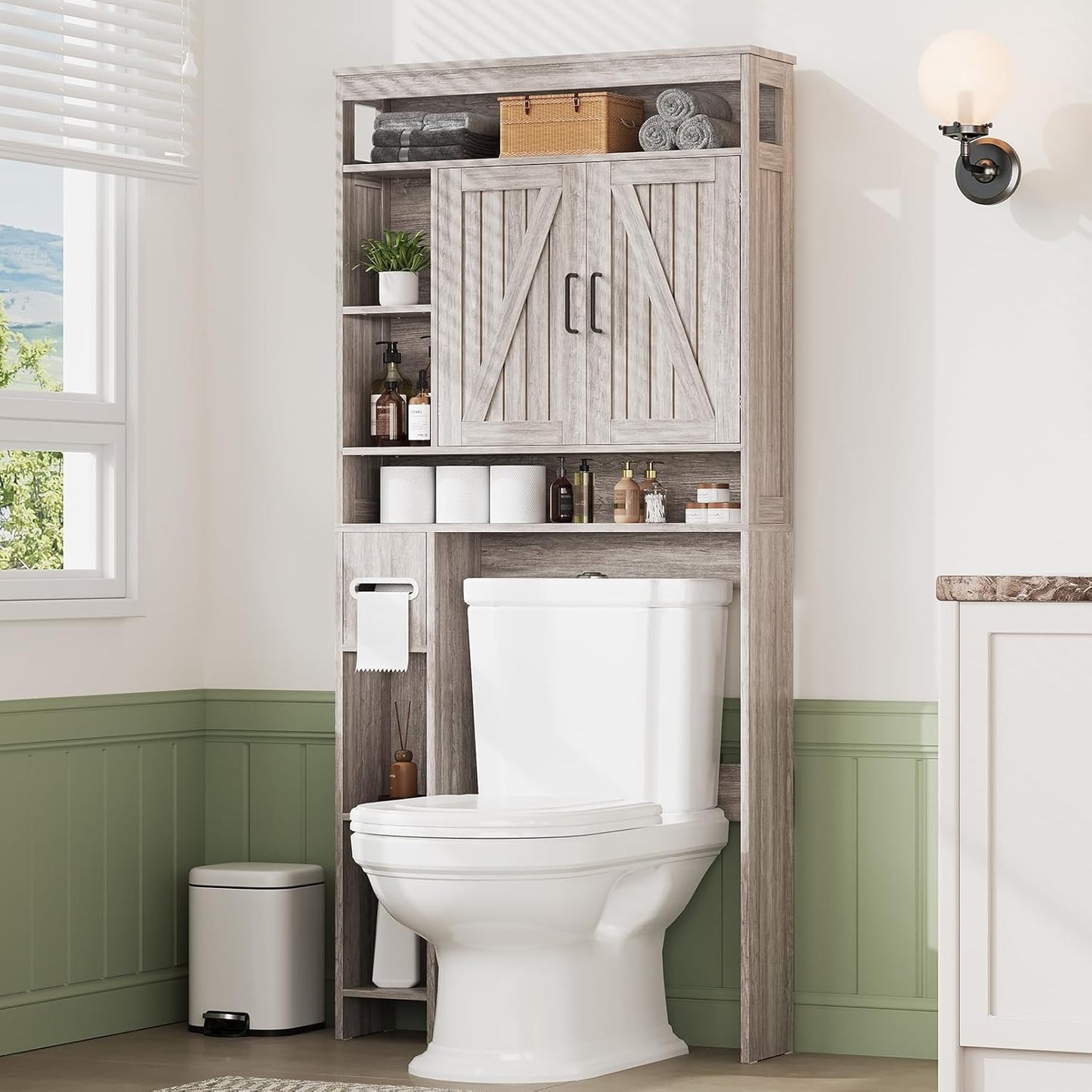 Over The Toilet Storage Cabinet with 6 Shelves, Farmhouse Bathroom Storage Cabinet with 2 Barn Door & Toilet Paper Holder Stand, Toilet Shelf with Adjustable Shelf for Bathroom Laundry